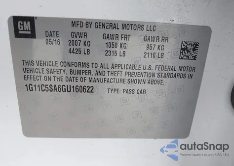 2016 Chevrolet Malibu Limited Lt из США, поврежденный, VIN 1G11C5SA6GU160622